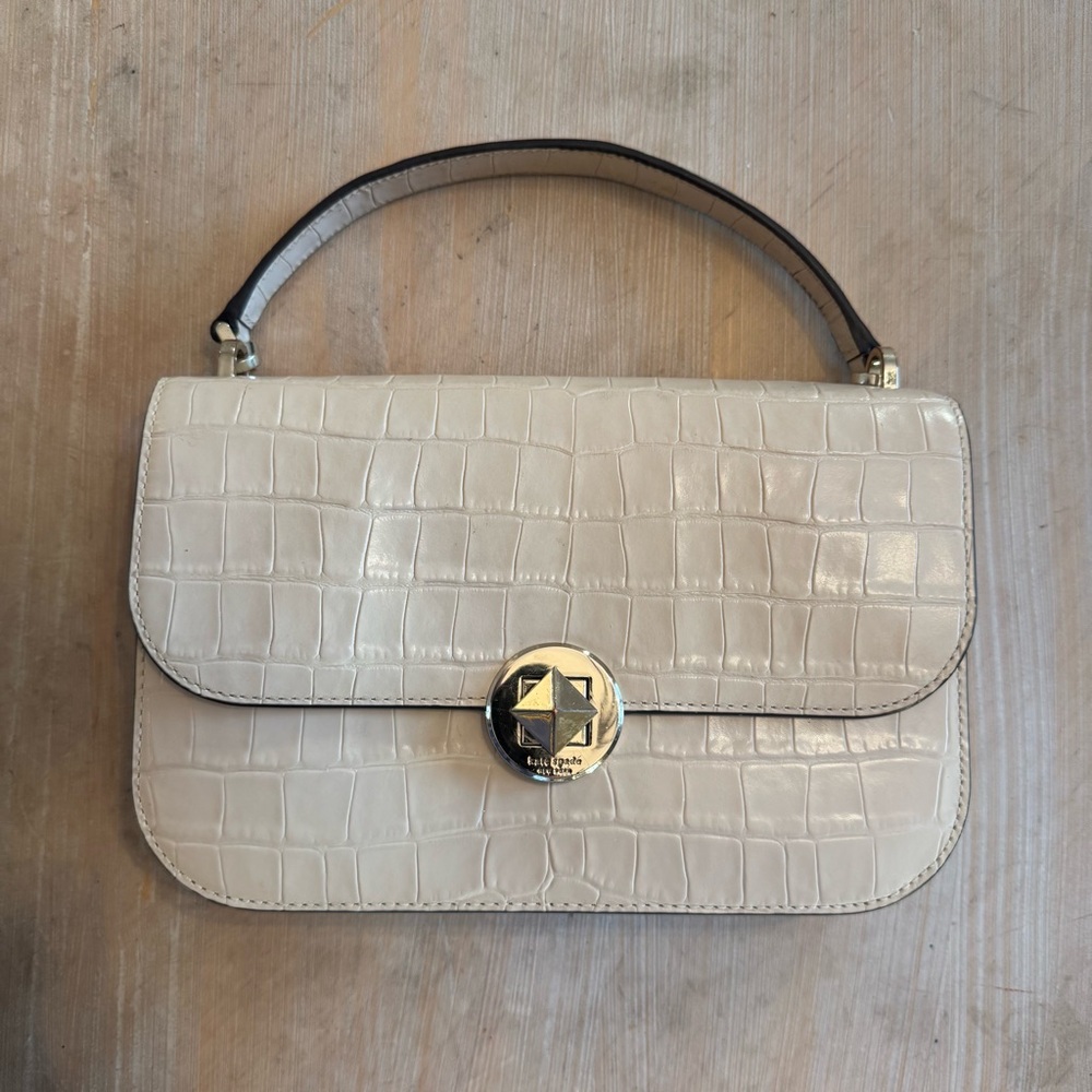 Cream Croc-Embossed Shoulder Bag with Gold Turn-Lock